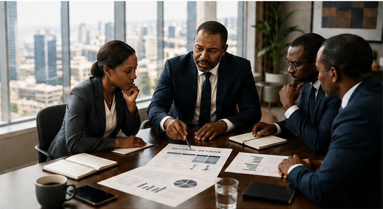 Senior leaders reviewing strategic decision options around a boardroom table